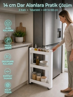 Motek 3'lü Slim Dar Alan Organizer Raf, Tekerlekli Çok Amaçlı Mutfak ve Banyo Düzenleyici (Beyaz)