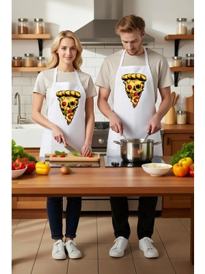 PayBuy Unisex Mutfak Aşçı Önlüğü Kafatası Pizza Dilimi Baskılı Dtf Dijital Desen Rahat Kesim Günlük Modern