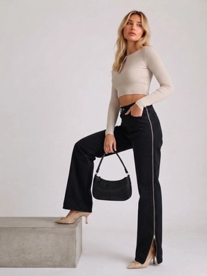 Shevega Kadın Siyah Yüksek Bel Yan Fermuar Detaylı Bol Paça Palazzo Jean Denim Kot Pantolon