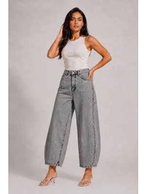 Shevega Füme Yüksek Bel Kısa Paça Bol Paça Baggy Jean Kot Pantolon