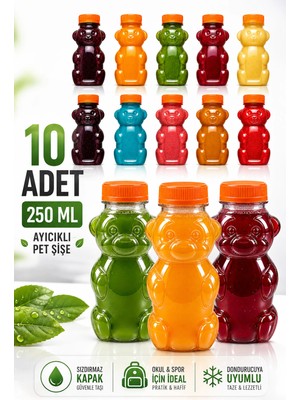 M&B Water Bottle 10'lu Ayıcık Şişe – Okul ve Piknik Için Eğlenceli Çocuk Meyve Suyu Şişesi 250 ml