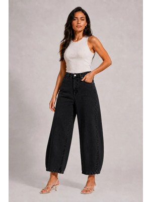 Shevega Kadın Siyah Yüksek Bel Kısa Paça Baggy Jean Kot Pantolon