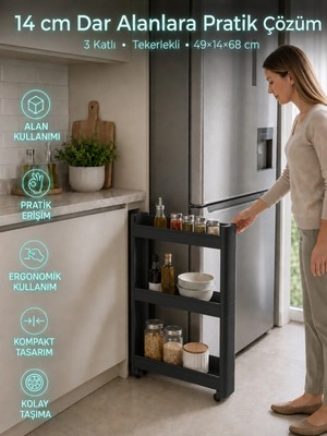 Motek 3'lü Slim Dar Alan Organizer Raf, Tekerlekli Çok Amaçlı Mutfak ve Banyo Düzenleyici (Siyah)