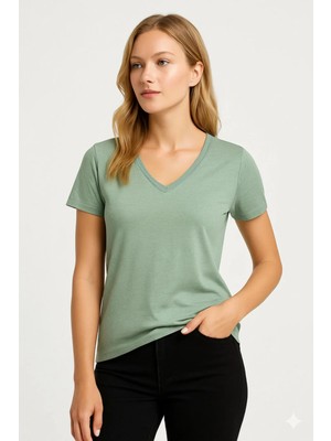 Prolet Kadın V Yaka Basic Tişört – Limited Color Drop - Adaçayı Yeşili