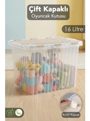 Meleni Baby Kilitli Kapak Bebek Çocuk Odası Saklama Kutusu - Organizer Düzenleyici Oyuncak Kutusu Bej - 16 Lt