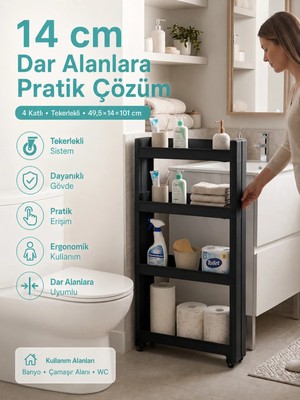 Motek 4'lü Slim Dar Alan Organizer Raf, Tekerlekli Çok Amaçlı Mutfak ve Banyo Düzenleyici (Siyah)