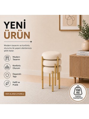 Evdera Mobilya Cemre 3lü Puf Tabure Bench Makyaj Sandalyesi Gold Ayak