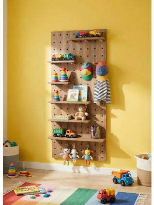 Dekortek Mobilya Premium Boy Ahşap Modüler Pegboard Duvar Rafı Sistemi (5 Raf, 16 Askı Çubuğu)