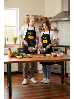 PayBuy Kadın Unisex Mutfak Aşçı Önlüğü Taco Kedi Baskılı Komik Desenli Rahat Günlük Kullanım Modern Şık