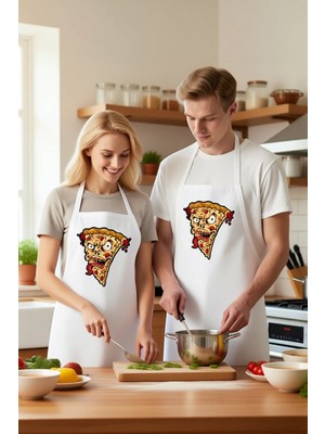 PayBuy Unisex Mutfak Önlüğü Şeytani Pizza Dilimi Baskılı Karanlık Mizah Tarzı Rahat Kesim Günlük Modern