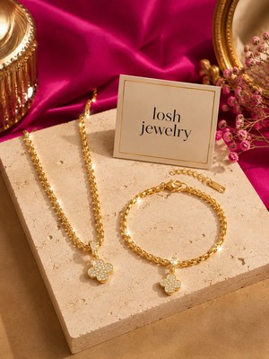 Moda Gold Çelik Zirkon Taşlı Yonca Kolye ve Bileklik Takım Kadın Set