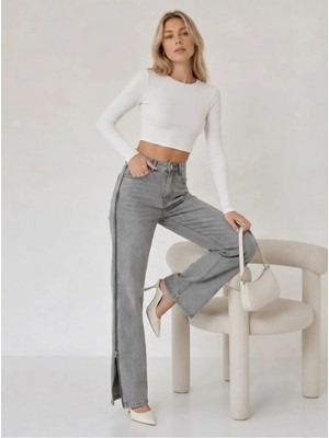 Shevega Kadın Füme Yüksek Bel Yan Fermuar Detaylı Bol Paça Palazzo Jean Denim Kot Pantolon