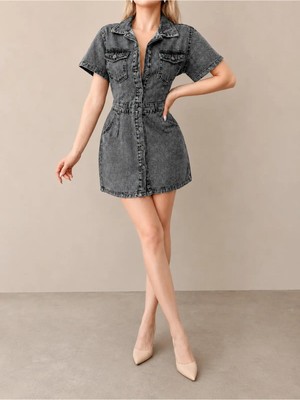 Shevega Füme Kısa Kol Denim Düğmeli Jean Kot Elbise