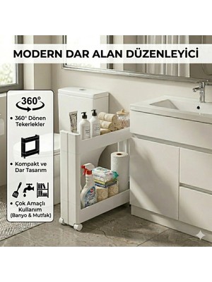 Motek 2’li Slim Dar Alan Organizer Raf, Tekerlekli Çok Amaçlı Mutfak ve Banyo Düzenleyici (Beyaz)