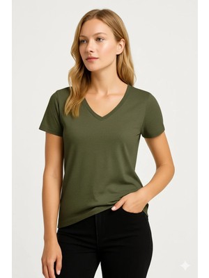 Prolet Kadın V Yaka Basic Tişört – Limited Color Drop - Haki