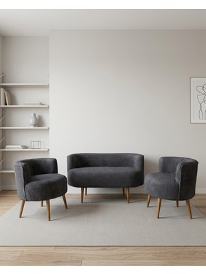 Azra Mobilya Sydney 2+1+1 Welsoft Tüylü Yumuşak Kumaş Balkon  Çay Seti Koltuk Takımı - Ahşap Ayak - Antrasit