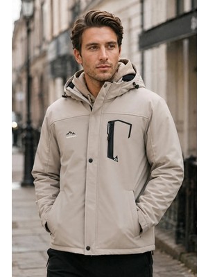 Mero Life Outdoor Kapüşonlu Su ve Rüzgar Geçirmez Içi Kürklü Elyaf Dolgulu Taş Renk Softshell Mont