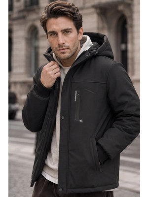 Mero Life Outdoor Kapüşonlu Su ve Rüzgar Geçirmez Içi Kürklü Elyaf Dolgulu Siyah Softshell Mont