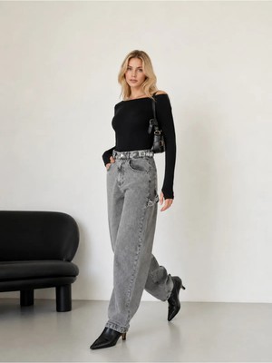 Shevega Mamaliga Füme Yan Kemer Tokalı Yüksek Bel Baggy Jeans Salaş Kot Pantolon