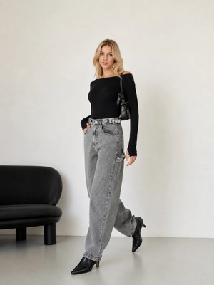 Shevega Mamaliga Füme Yan Kemer Tokalı Yüksek Bel Baggy Jeans Salaş Kot Pantolon