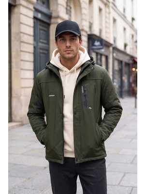 Mero Life Outdoor Kapüşonlu Su ve Rüzgar Geçirmez Içi Kürklü Elyaf Dolgulu Haki Softshell Mont