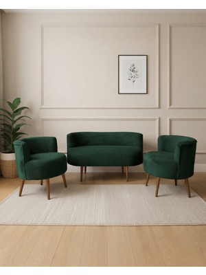 Azra Mobilya Sydney 2+1+1 Welsoft Tüylü Yumuşak Kumaş Balkon Çay Seti Koltuk Takımı - Ahşap Ayak - Yeşil