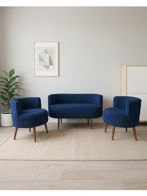Azra Mobilya Sydney 2+1+1 Welsoft Tüylü Yumuşak Kumaş Balkon Çay Seti Koltuk Takımı - Ahşap Ayak - Mavi