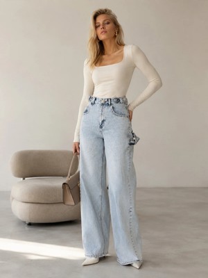 Shevega Mamaliga Buz Mavi Yan Kemer Tokalı Yüksek Bel Baggy Jeans Salaş Kot Pantolon