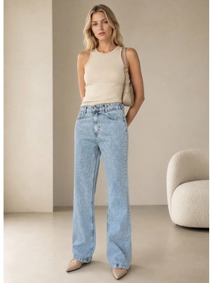 Shevega Kadın Buz Mavi Bol Paça Arka Cep Nakışlı Palazzo Denim Salaş Jeans Kot Pantolon