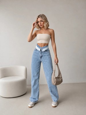 Shevega Kadın Buz Mavi Yüksek Bel Kemer Detaylı Bol Paça Wide Leg Jean Kot Pantolon