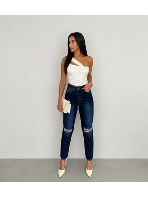 Shevega Lacivert Yüksek Bel Diz Yırtık Detaylı Boyfriend Mom Jean Kot Pantolon