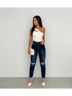 Shevega Lacivert Yüksek Bel Diz Yırtık Detaylı Boyfriend Mom Jean Kot Pantolon