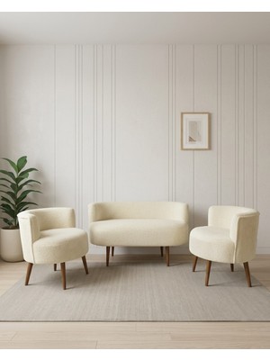 Azra Mobilya Sydney 2+1+1 Welsoft Tüylü Yumuşak Kumaş Balkon Çay Seti Koltuk Takımı - Ahşap Ayak - Krem