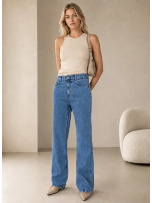 Shevega Kadın Mavi Bol Paça Arka Cep Nakışlı Palazzo Denim Salaş Jeans Kot Pantolon