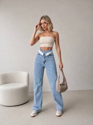 Shevega Kadın Buz Mavi Yüksek Bel Kemer Detaylı Bol Paça Wide Leg Jean Kot Pantolon