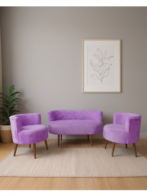 Azra Mobilya Sydney 2+1+1 Welsoft Tüylü Yumuşak Kumaş Balkon Çay Seti Koltuk Takımı - Ahşap Ayak - Lila