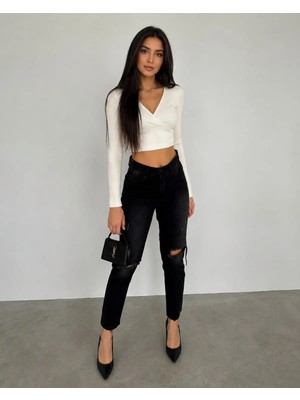 Shevega Siyah Yüksek Bel Diz Yırtık Detaylı Boyfriend Mom Jean Kot Pantolon