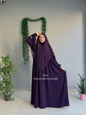 Yüsra Collection Tesettür Papatya Nakışlı Kol Bağlama Elbise ve Kısa Boy Sufle 2'litakım