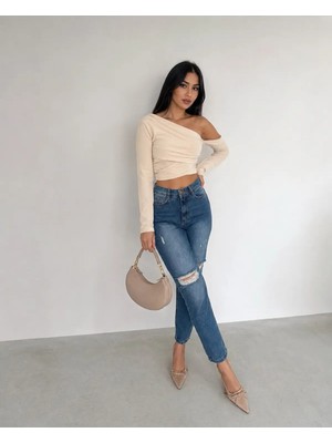 Shevega Mavi Yüksek Bel Diz Yırtık Detaylı Tint Yıkama Boyfriend Mom Jean Kot Pantolon