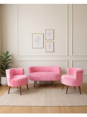Azra Mobilya Sydney 2+1+1 Welsoft Tüylü Yumuşak Kumaş Balkon Çay Seti Koltuk Takımı - Ahşap Ayak - Pembe