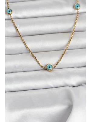 ALK Mey Ithalat® 316L Çelik Gold Renk Nazarlı Model Kadın Kolye