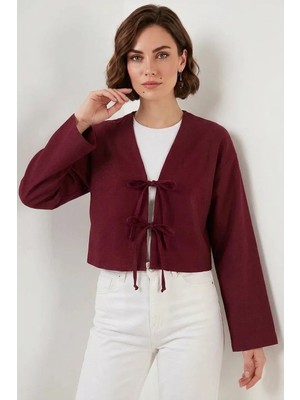 Palmira Demir Kadın V Yaka Önü Bağlamalı Keten Bordo Kimono