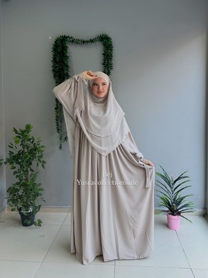 Yüsra Collection Tesettür Papatya Nakışlı Kol Bağlama Elbise ve Kısa Boy Sufle 2'litakım