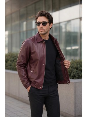 Mero Life Erkek Bordo Basic Rahat Kesim Bel Lastikli Deri Ceket