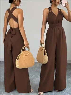 Meride Fashion Kadın Askılı Halka Detaylı Arkadan Çapraz Kahverengi Tulum 2xl/3xl