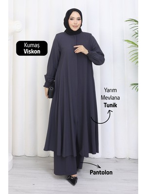 Moda Hayme Viskon Alt Üst Ikili Tesettür Takım Yarım Mevlana Tunik ve Pantolon Bir Arada Füme