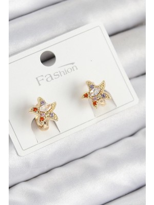ALK Mey Ithalat® Pirinç Zirkon Taşlı Yıldız Model Gold Renk Çocuk Küpe