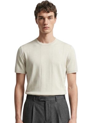Anthony Jackson Premium Erkek Triko Tişört Düz Bej Renk 2XL Kısa Kol Toparlayıcı Stil