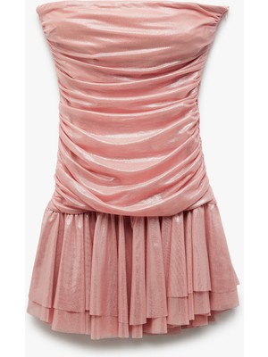 Koton Drape Detaylı Kolsuz Straplez Volanlı Mini Abiye Elbise