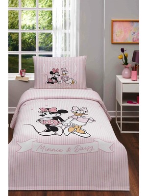 Özdilek Lisanslı Lastikli Çarşaflı Tek Kişilik Çocuk Pike Takımı-Minnie ve Daisy Pembe